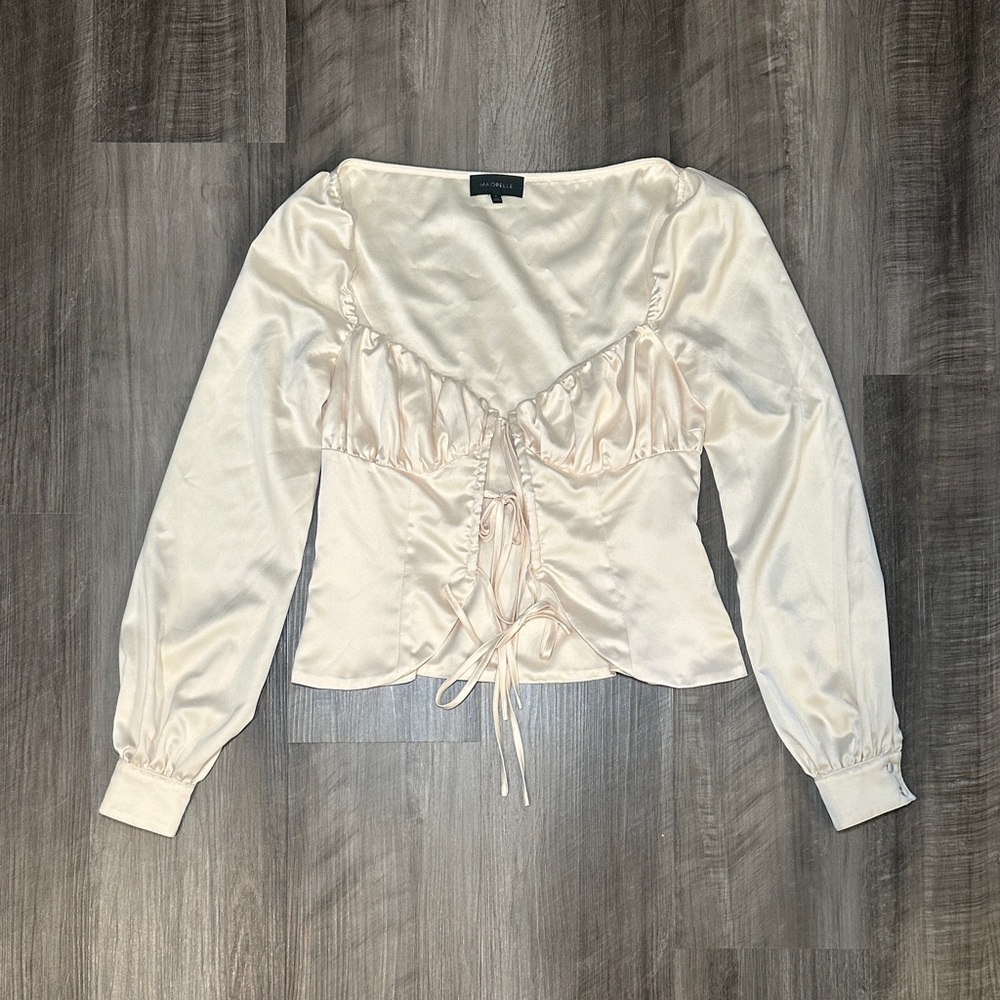 Majorelle Waldorf Front Tie Scooped Satin Silk Style Long Sleeve Blouse - XS